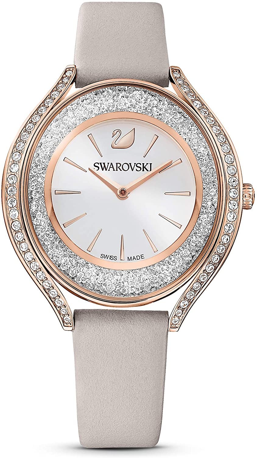 swarovski  Swiss Made, Leather strap, Gray, Rose gold-tone finish  施华洛世奇瑞士制造, 皮革表带, 灰色, 玫瑰金色表面处理